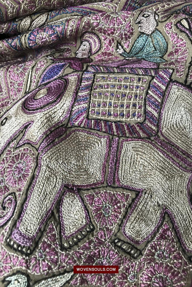 1515 Old Figurative Kashmir Silk Embroidered Amli Shawl-WOVENSOULS-Antique-Vintage-Textiles-Art-Decor
