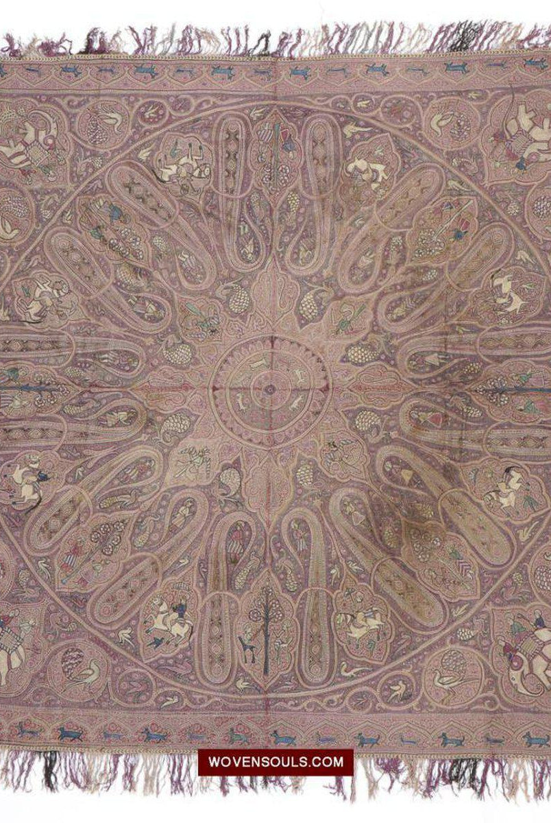 1515 Old Figurative Kashmir Silk Embroidered Amli Shawl-WOVENSOULS-Antique-Vintage-Textiles-Art-Decor