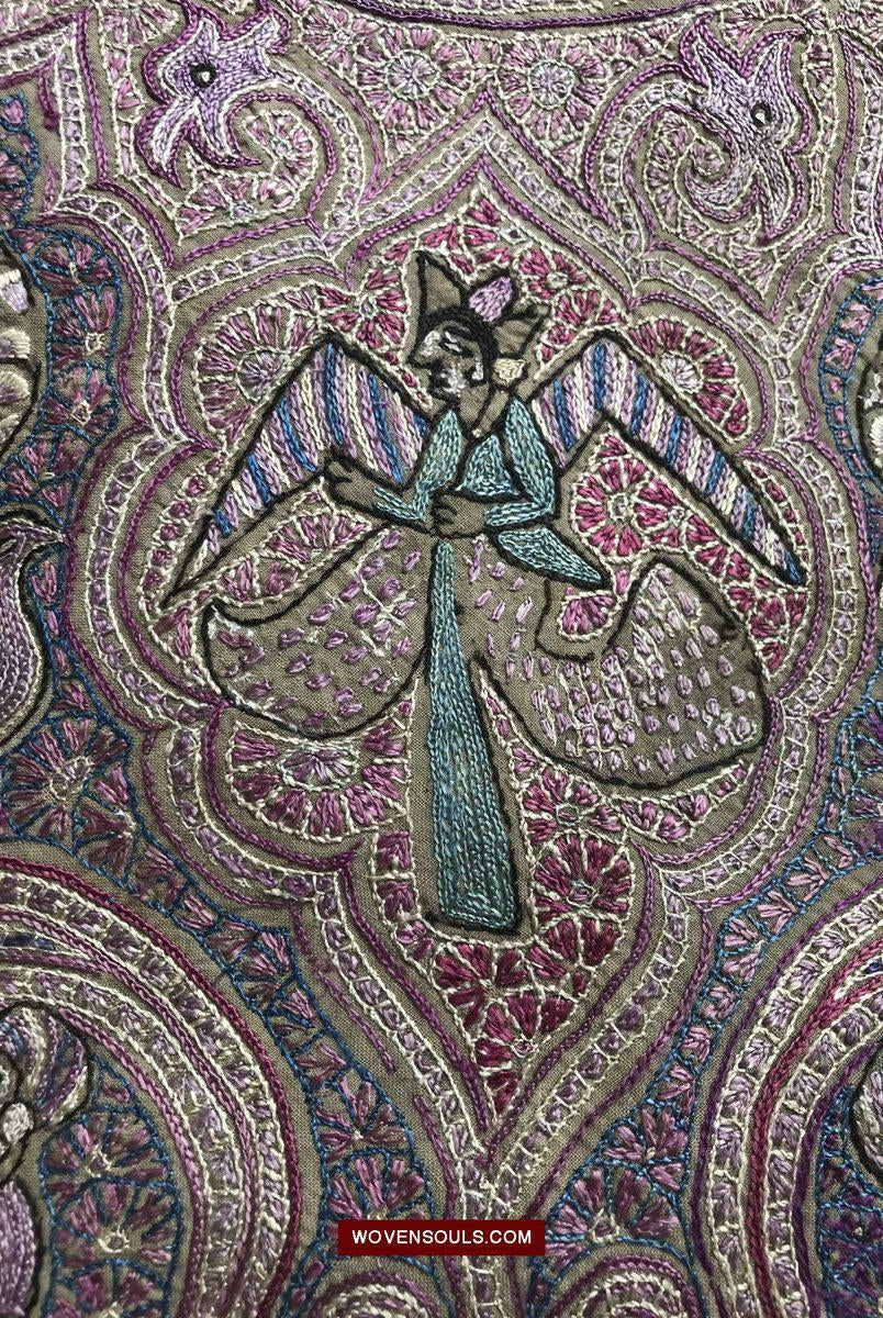 1515 Old Figurative Kashmir Silk Embroidered Amli Shawl-WOVENSOULS-Antique-Vintage-Textiles-Art-Decor