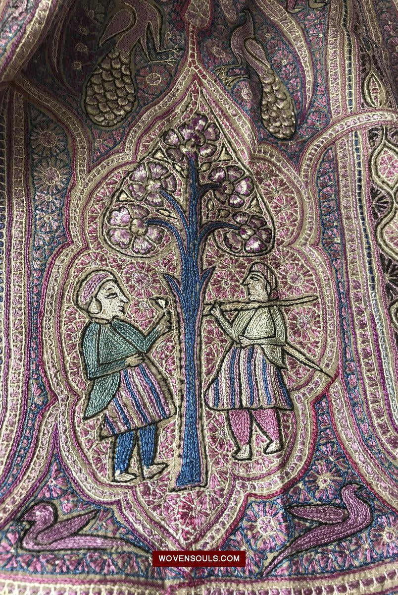 1515 Old Figurative Kashmir Silk Embroidered Amli Shawl-WOVENSOULS-Antique-Vintage-Textiles-Art-Decor