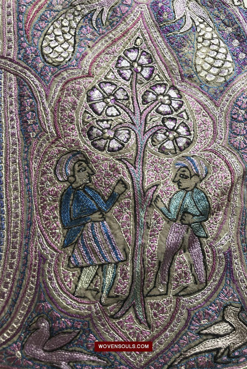 1515 Old Figurative Kashmir Silk Embroidered Amli Shawl-WOVENSOULS-Antique-Vintage-Textiles-Art-Decor