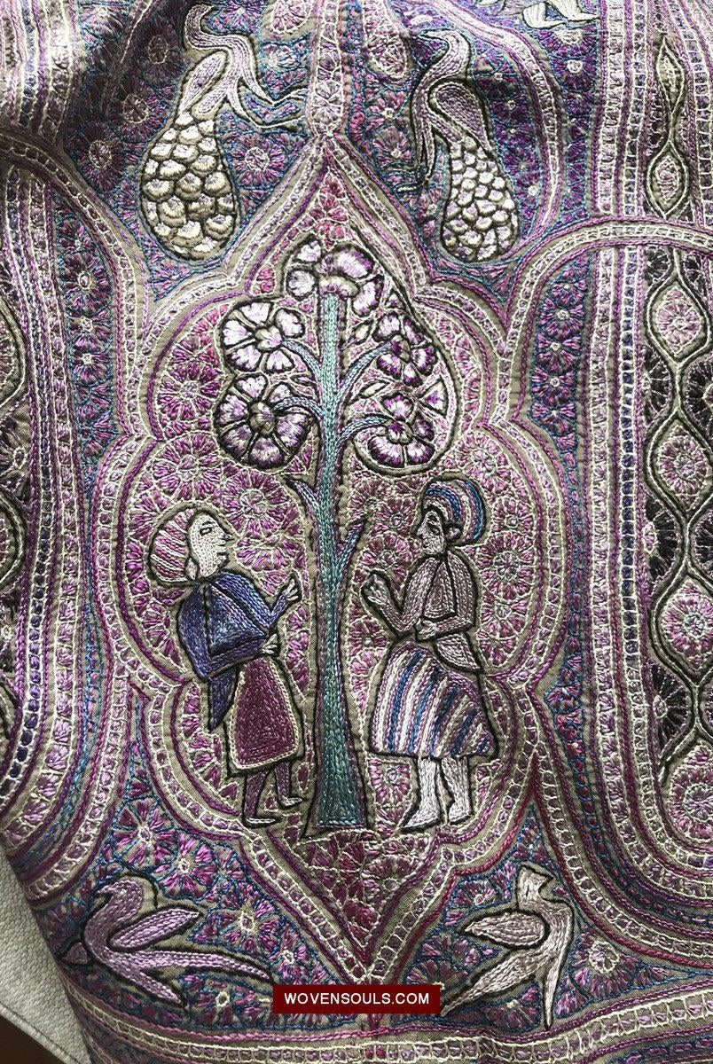 1515 Old Figurative Kashmir Silk Embroidered Amli Shawl-WOVENSOULS-Antique-Vintage-Textiles-Art-Decor