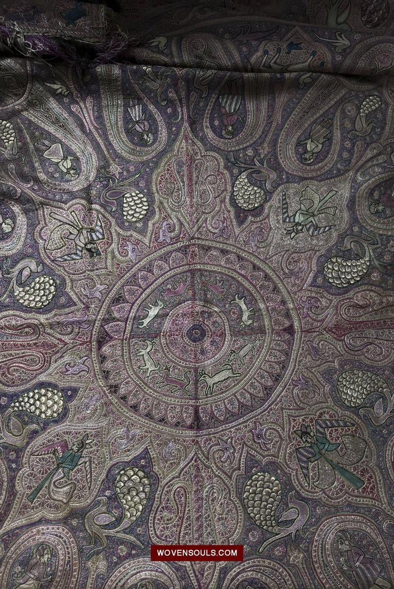 1515 Old Figurative Kashmir Silk Embroidered Amli Shawl-WOVENSOULS-Antique-Vintage-Textiles-Art-Decor