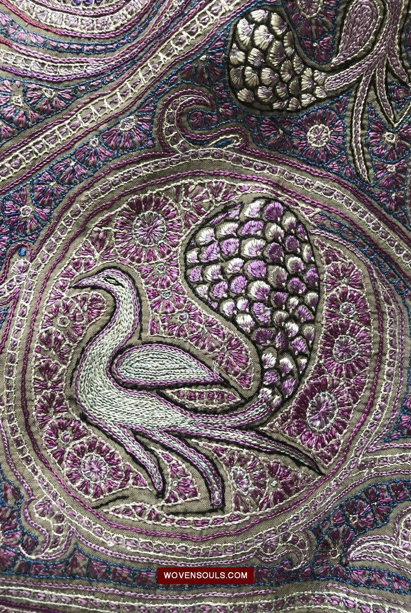 1515 Old Figurative Kashmir Silk Embroidered Amli Shawl-WOVENSOULS-Antique-Vintage-Textiles-Art-Decor