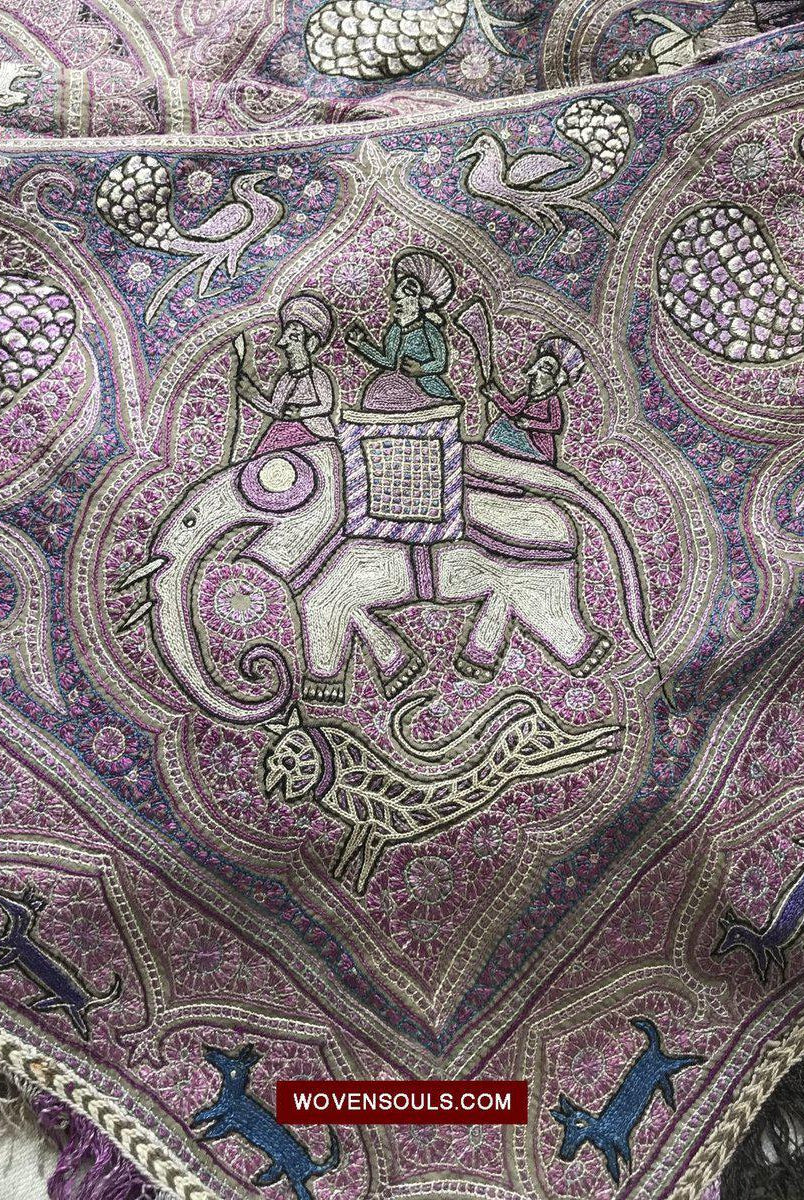 1515 Old Figurative Kashmir Silk Embroidered Amli Shawl-WOVENSOULS-Antique-Vintage-Textiles-Art-Decor