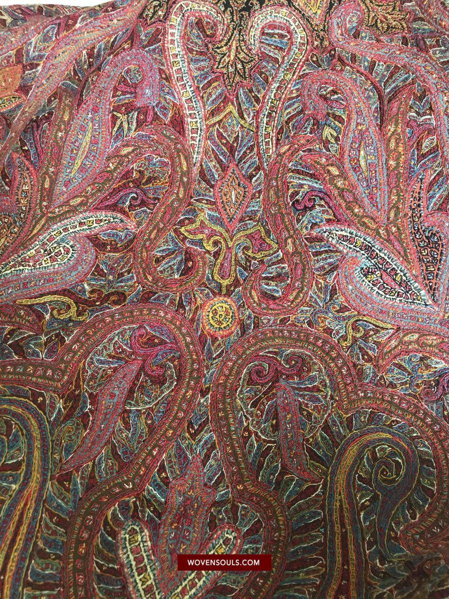 1525 Superb Antique Persian Kerman Embroidered Wool Shawl-WOVENSOULS-Antique-Vintage-Textiles-Art-Decor
