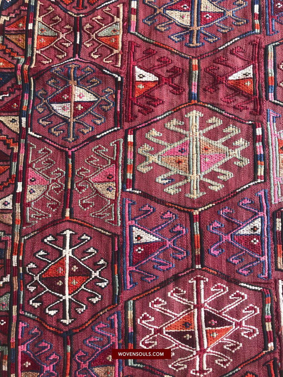 1527 Vintage Anatolian Embroidered Cicim Kilim Rug-WOVENSOULS-Antique-Vintage-Textiles-Art-Decor