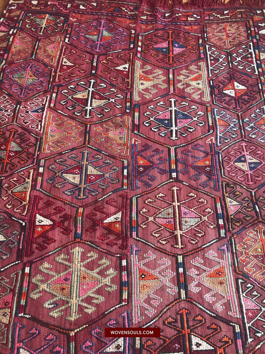 1527 Vintage Anatolian Embroidered Cicim Kilim Rug-WOVENSOULS-Antique-Vintage-Textiles-Art-Decor