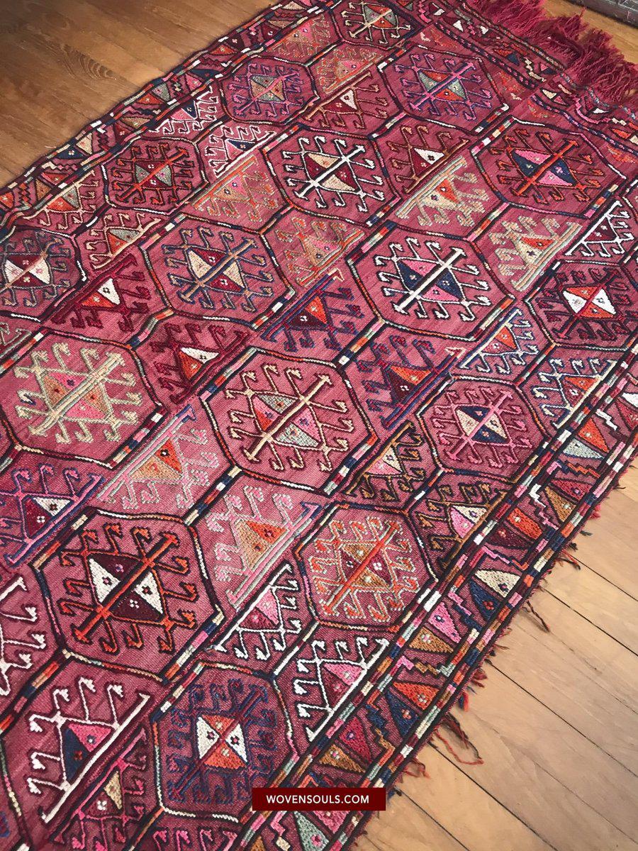 1527 Vintage Anatolian Embroidered Cicim Kilim Rug-WOVENSOULS-Antique-Vintage-Textiles-Art-Decor