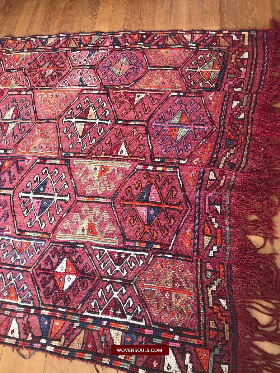 1527 Vintage Anatolian Embroidered Cicim Kilim Rug-WOVENSOULS-Antique-Vintage-Textiles-Art-Decor