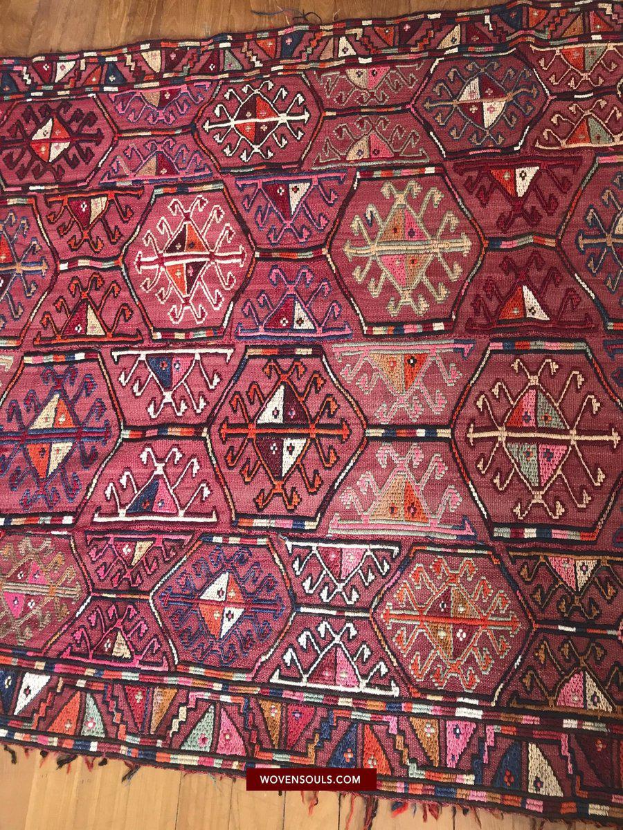 1527 Vintage Anatolian Embroidered Cicim Kilim Rug-WOVENSOULS-Antique-Vintage-Textiles-Art-Decor