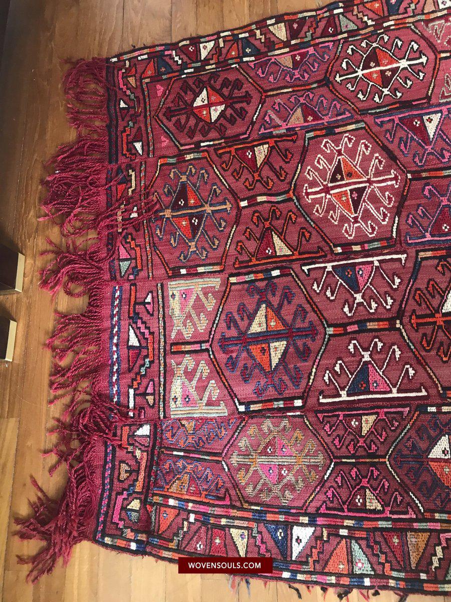 1527 Vintage Anatolian Embroidered Cicim Kilim Rug-WOVENSOULS-Antique-Vintage-Textiles-Art-Decor