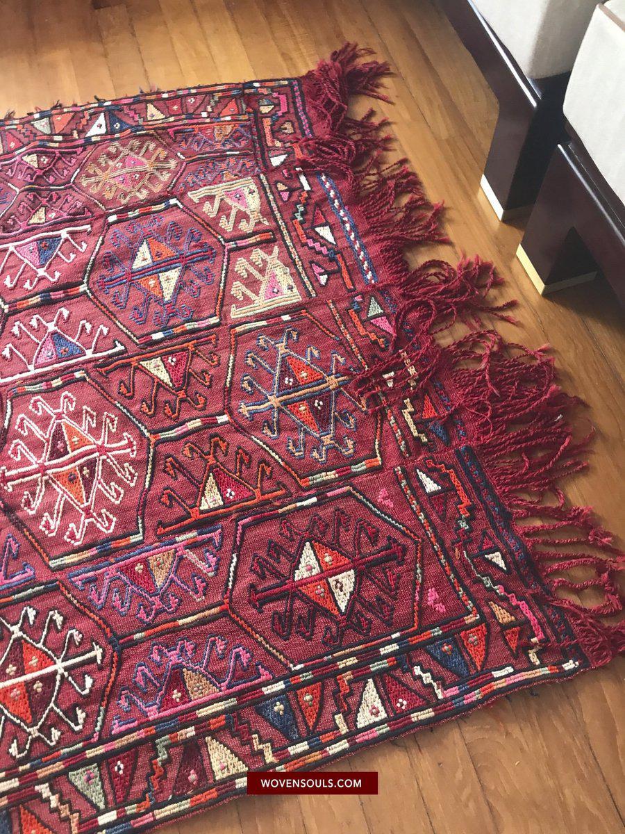 1527 Vintage Anatolian Embroidered Cicim Kilim Rug-WOVENSOULS-Antique-Vintage-Textiles-Art-Decor