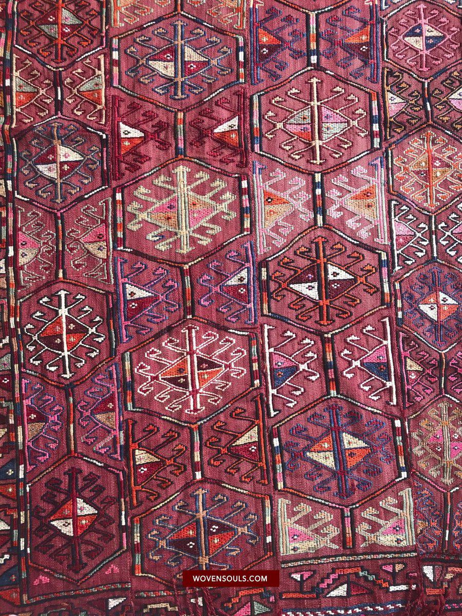 1527 Vintage Anatolian Embroidered Cicim Kilim Rug-WOVENSOULS-Antique-Vintage-Textiles-Art-Decor