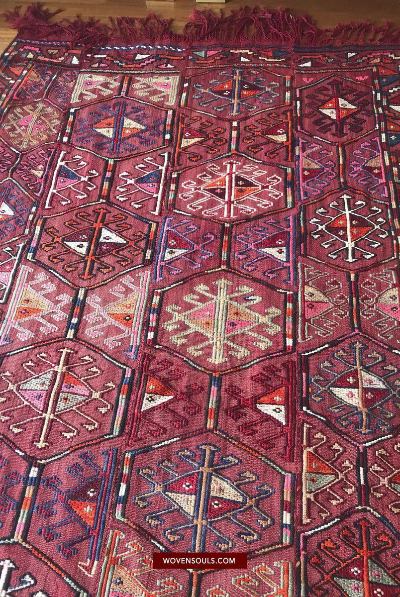 1527 Vintage Anatolian Embroidered Cicim Kilim Rug-WOVENSOULS-Antique-Vintage-Textiles-Art-Decor