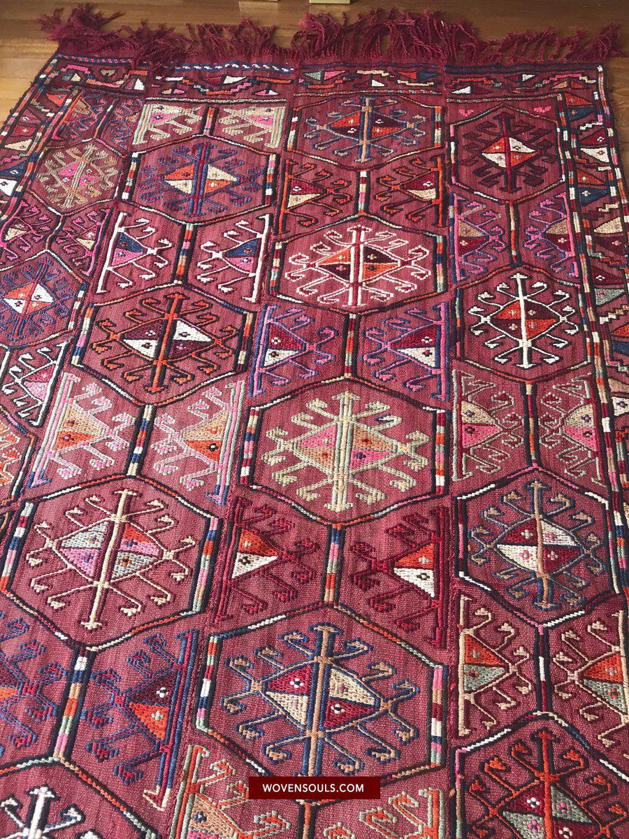 1527 Vintage Anatolian Embroidered Cicim Kilim Rug-WOVENSOULS-Antique-Vintage-Textiles-Art-Decor