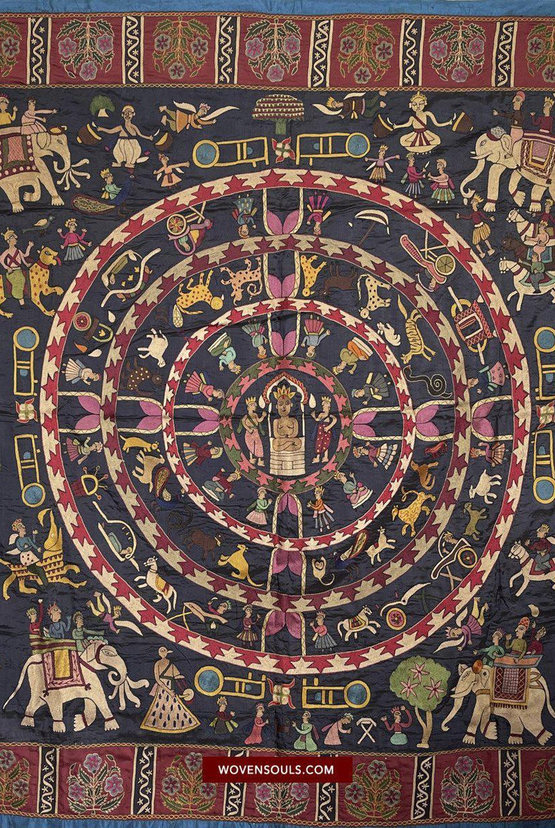 1541 Old Jain Pichvai Silk Mochi Embroidery Art - Lord Mahavir-WOVENSOULS-Antique-Vintage-Textiles-Art-Decor
