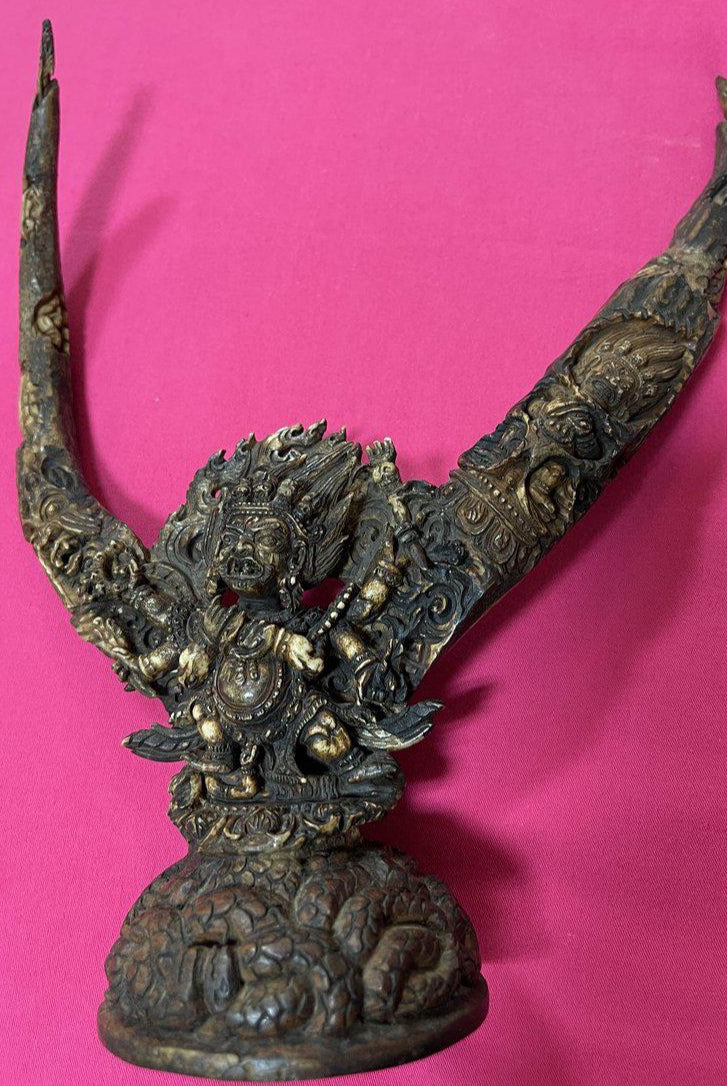 1543 Antique Tantric Ritual Buddhist Six Armed Mahakala Himalayan Art-WOVENSOULS-Antique-Vintage-Textiles-Art-Decor