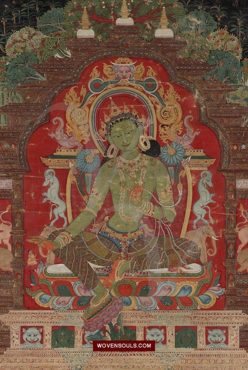1546 Print of Antique Himalayan Art Thangka Green Tara-WOVENSOULS-Antique-Vintage-Textiles-Art-Decor