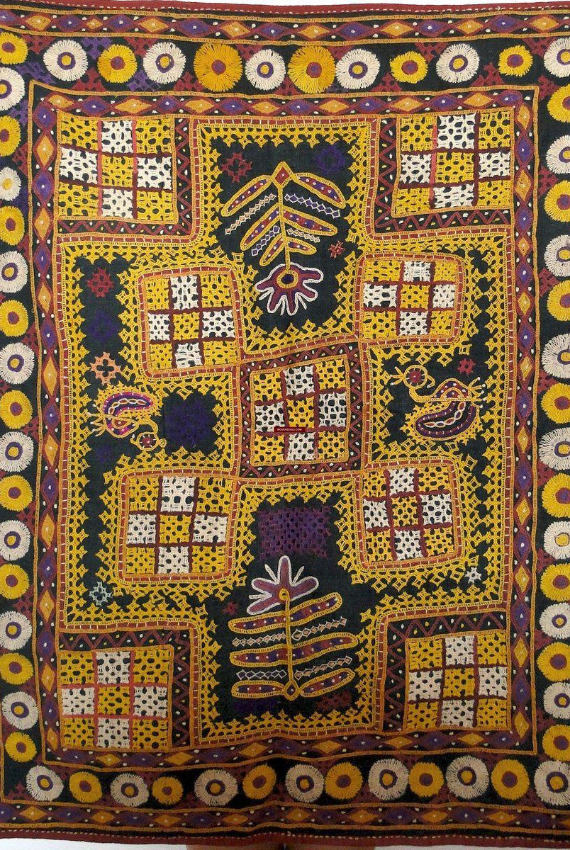 155 Vintage Ghodiyu Cradle Hammock Cloth with Embroidery-WOVENSOULS-Antique-Vintage-Textiles-Art-Decor