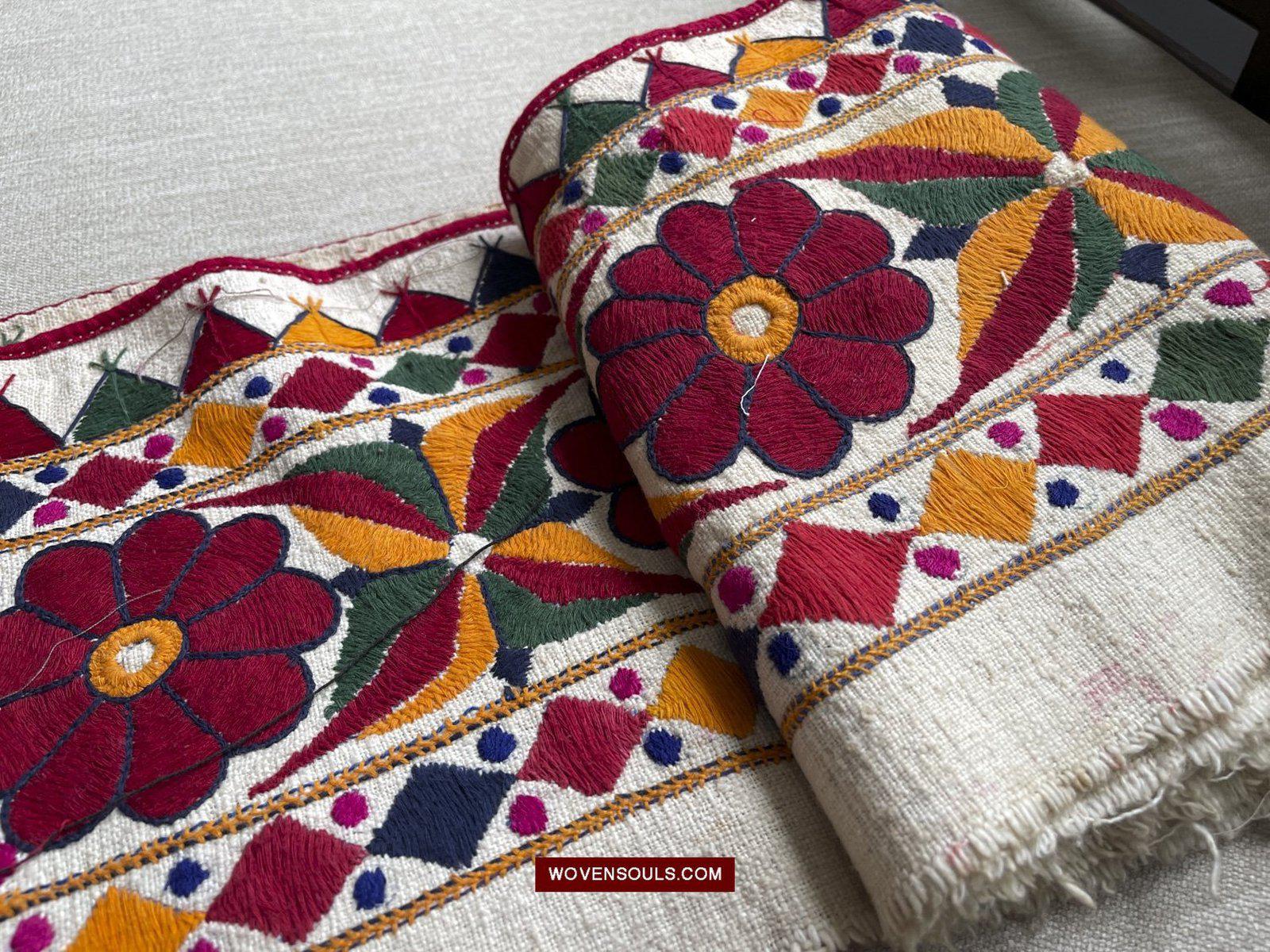 1553 Long Vintage White Panel with Embroidery from Gujarat-WOVENSOULS-Antique-Vintage-Textiles-Art-Decor