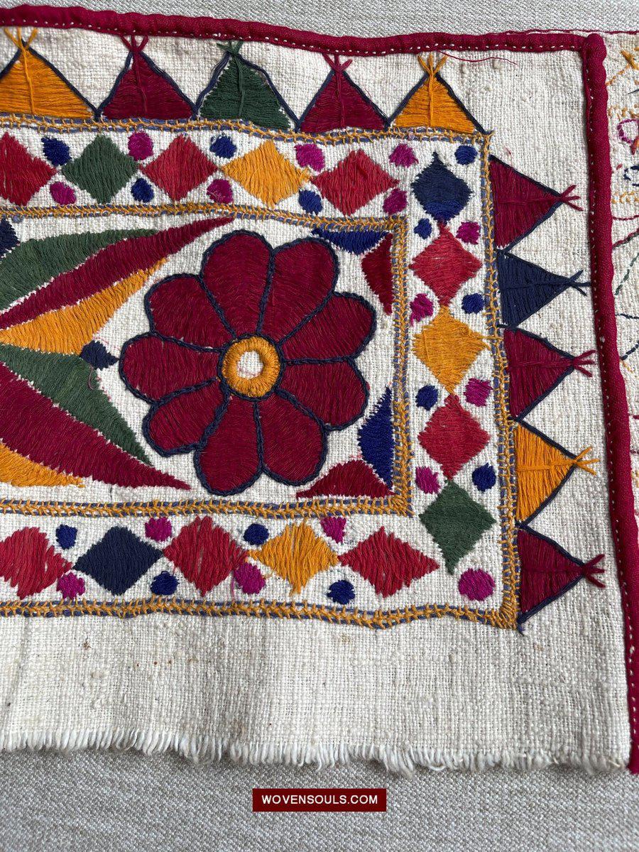 1553 Long Vintage White Panel with Embroidery from Gujarat-WOVENSOULS-Antique-Vintage-Textiles-Art-Decor