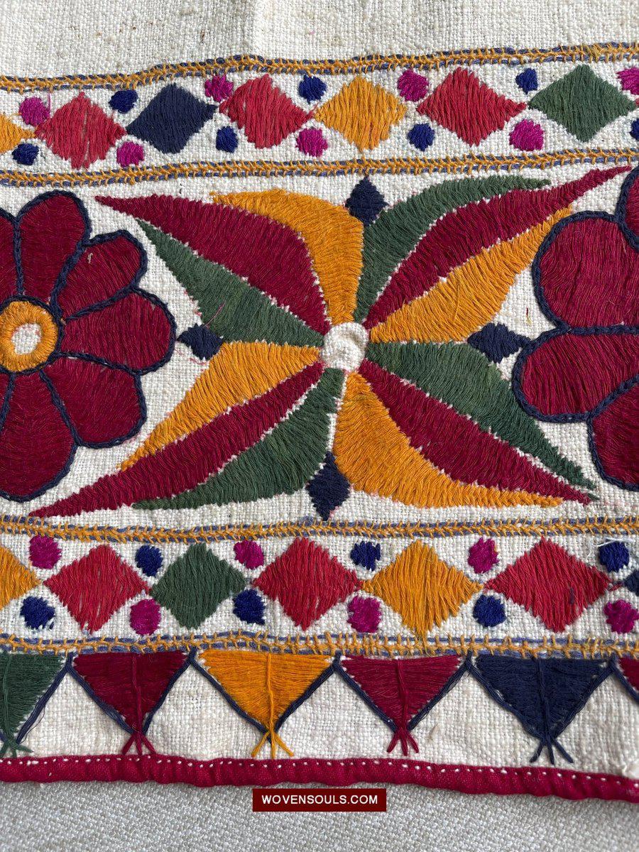 1553 Long Vintage White Panel with Embroidery from Gujarat-WOVENSOULS-Antique-Vintage-Textiles-Art-Decor