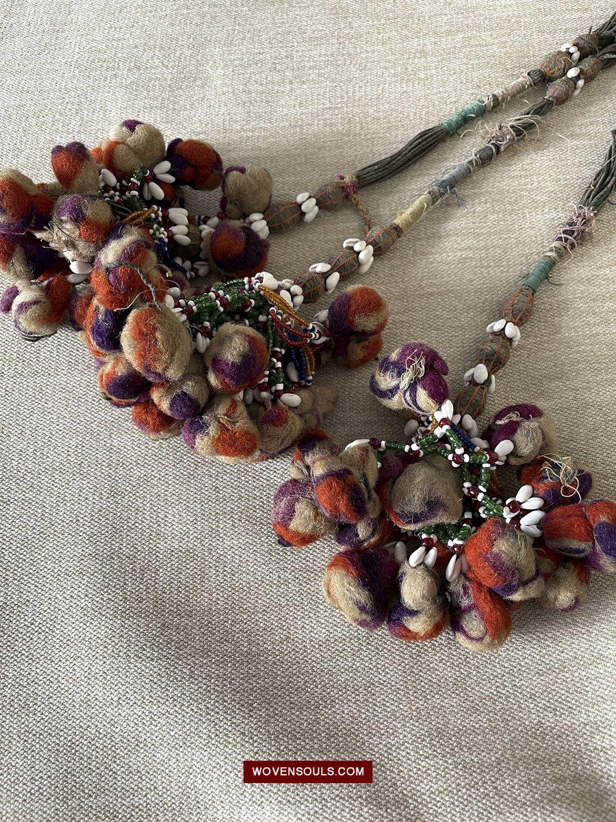 1554 Rare Vintage Beaded Camel Wool Tassels-WOVENSOULS-Antique-Vintage-Textiles-Art-Decor