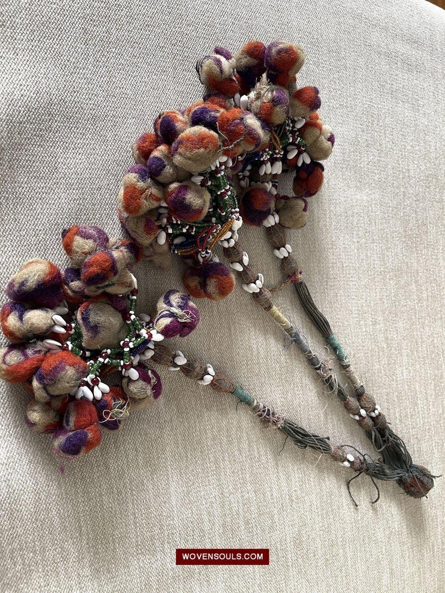 1554 Rare Vintage Beaded Camel Wool Tassels-WOVENSOULS-Antique-Vintage-Textiles-Art-Decor