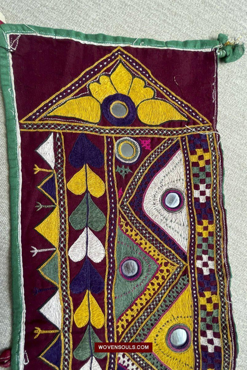 1555 Long Vintage Red Panel with Embroidery from Gujarat-WOVENSOULS-Antique-Vintage-Textiles-Art-Decor