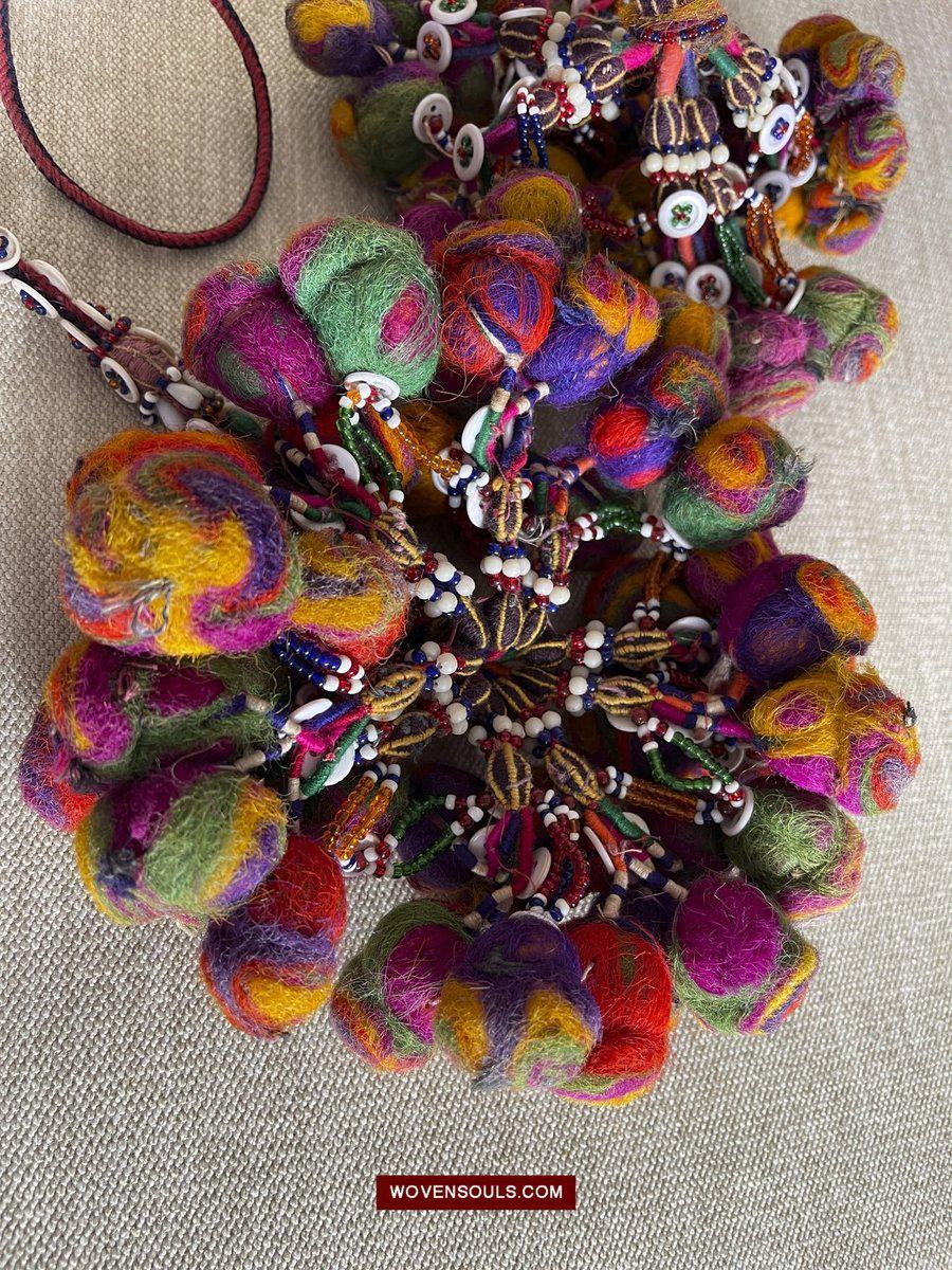 1556 Gorgeous Vintage Beaded Camel Wool Tassels-WOVENSOULS-Antique-Vintage-Textiles-Art-Decor