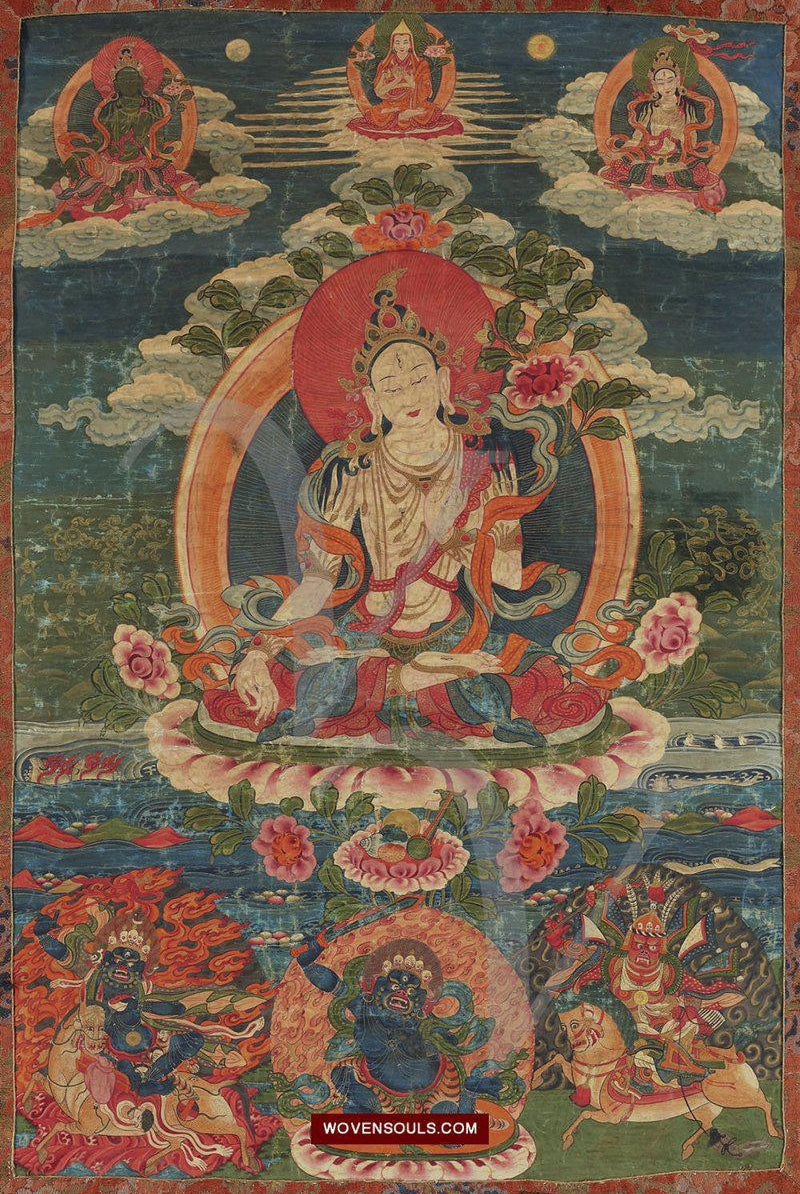 1586 Print of Antique Himalayan Thangka Art - White Tara-WOVENSOULS-Antique-Vintage-Textiles-Art-Decor
