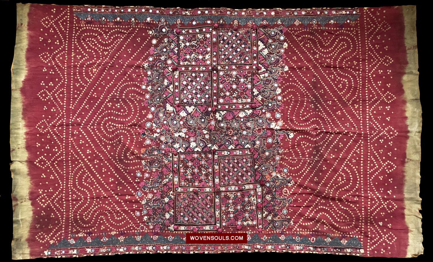 1605 SOLD Old Thar Rajasthan Wedding Odhana Shawl - Embroidery Bandhini & Mirrorwork-WOVENSOULS Antique Textiles & Art Gallery