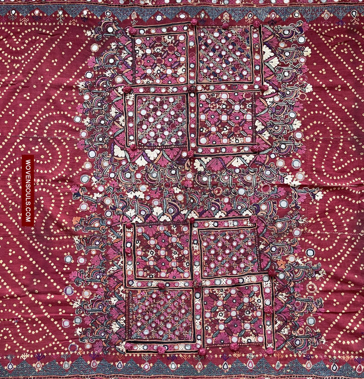 1605 SOLD Old Thar Rajasthan Wedding Odhana Shawl - Embroidery Bandhini & Mirrorwork-WOVENSOULS Antique Textiles & Art Gallery