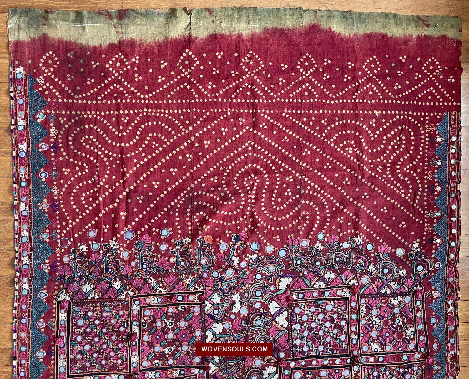 1605 SOLD Old Thar Rajasthan Wedding Odhana Shawl - Embroidery Bandhini & Mirrorwork-WOVENSOULS Antique Textiles & Art Gallery
