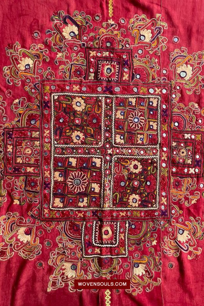 1607 Old Thar Rajasthan Wedding Odhana Shawl - Embroidery Bandhini & Mirrorwork-WOVENSOULS Antique Textiles & Art Gallery