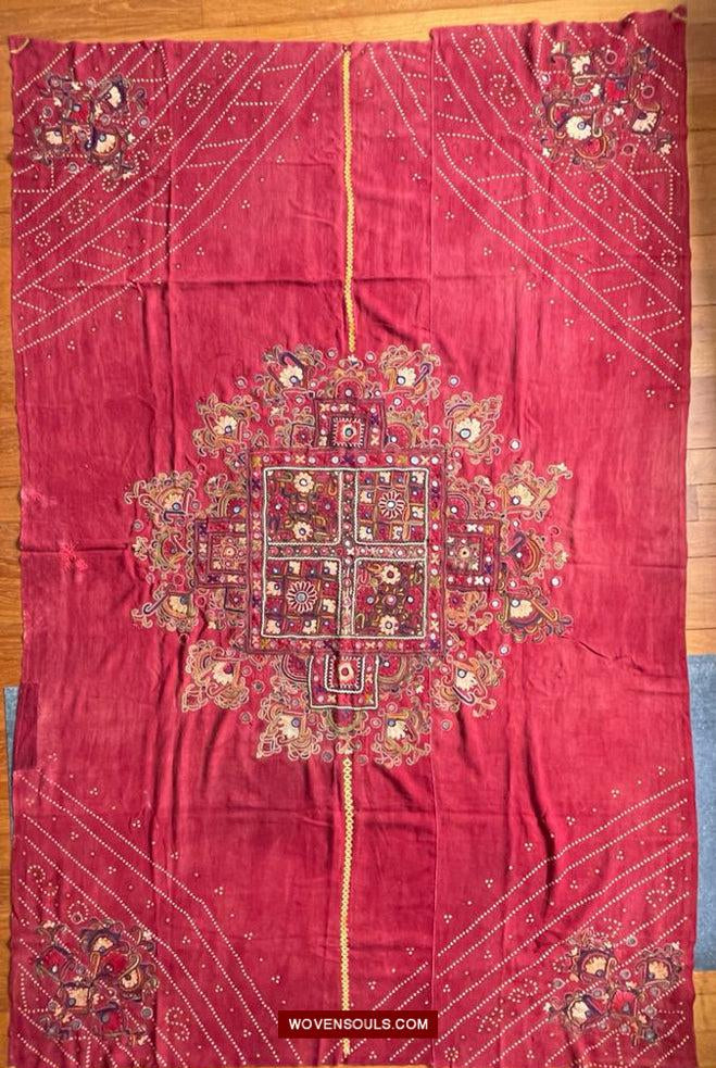 1607 Old Thar Rajasthan Wedding Odhana Shawl - Embroidery Bandhini & Mirrorwork-WOVENSOULS Antique Textiles & Art Gallery