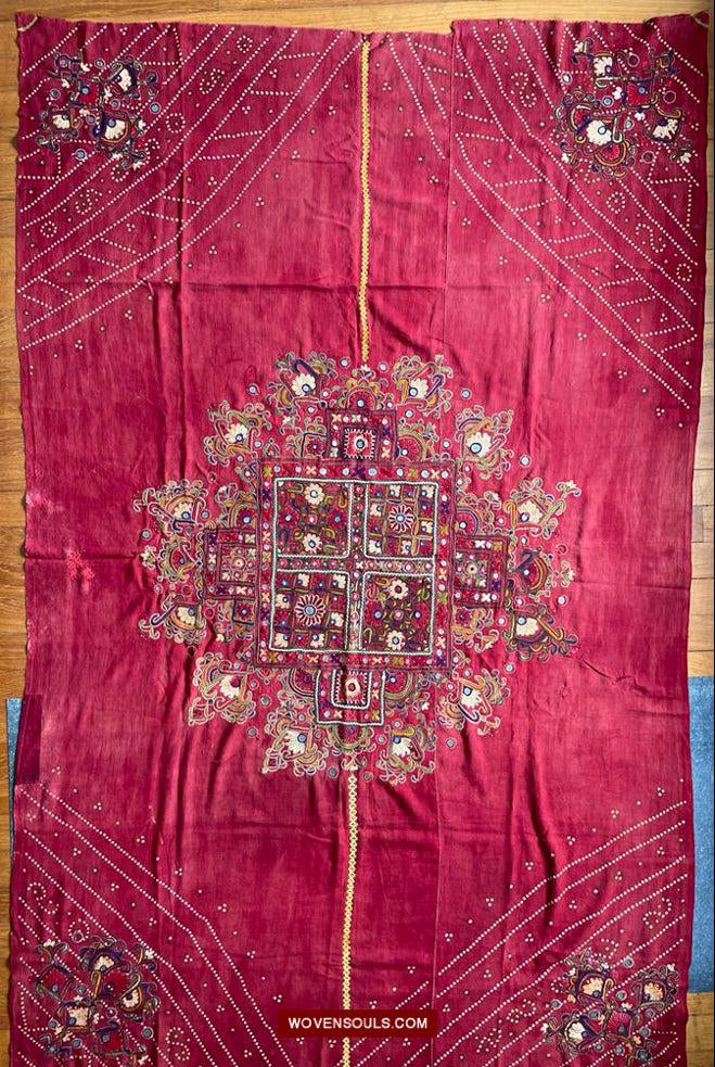 1607 Old Thar Rajasthan Wedding Odhana Shawl - Embroidery Bandhini & Mirrorwork-WOVENSOULS Antique Textiles & Art Gallery