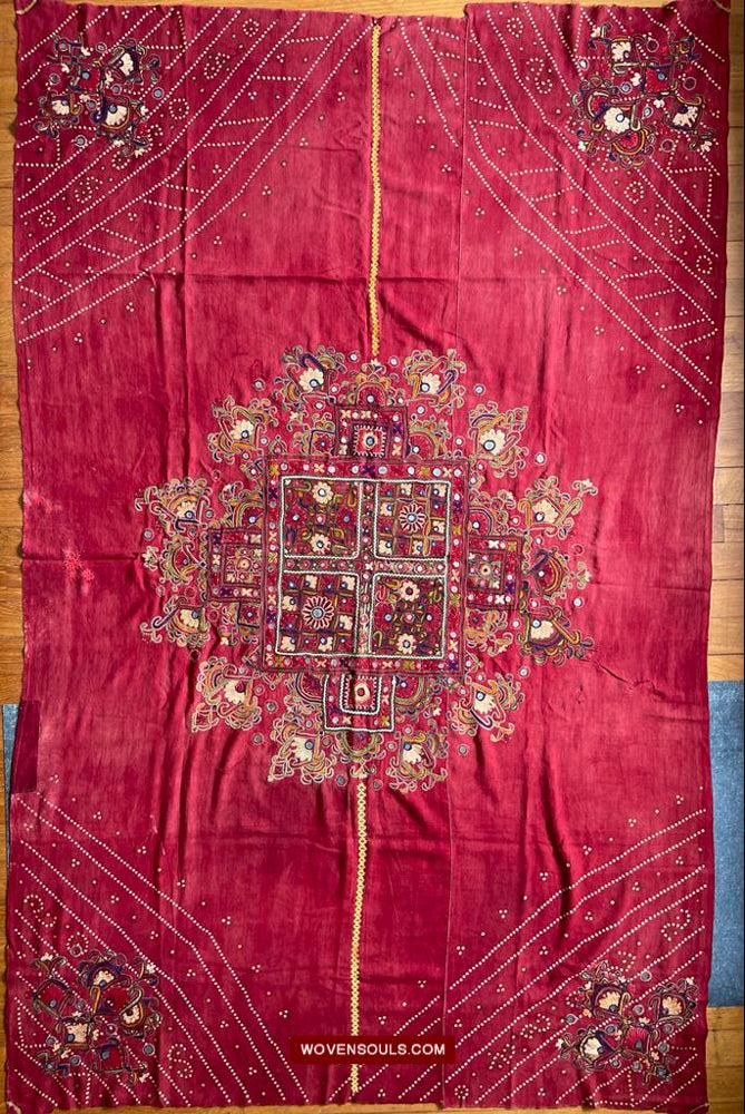 1607 Old Thar Rajasthan Wedding Odhana Shawl - Embroidery Bandhini & Mirrorwork-WOVENSOULS Antique Textiles & Art Gallery