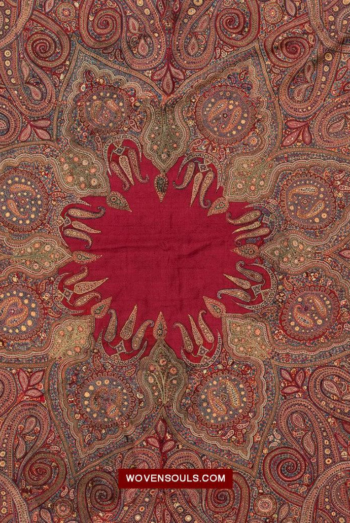 1608 Old Kashmir Silk Embroidered Amli Shawl Rumal - WOVENSOULS