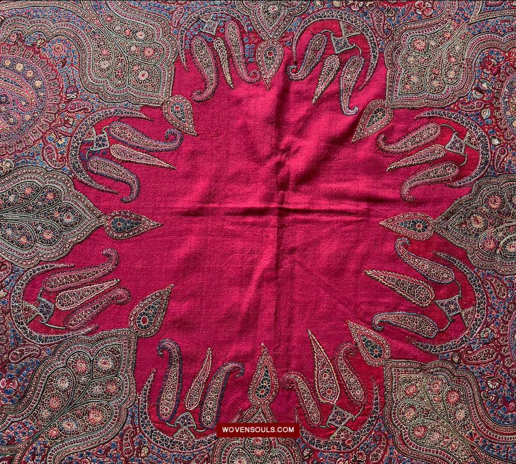 1608 Old Kashmir Silk Embroidered Amli Shawl Rumal-WOVENSOULS Antique Textiles & Art Gallery