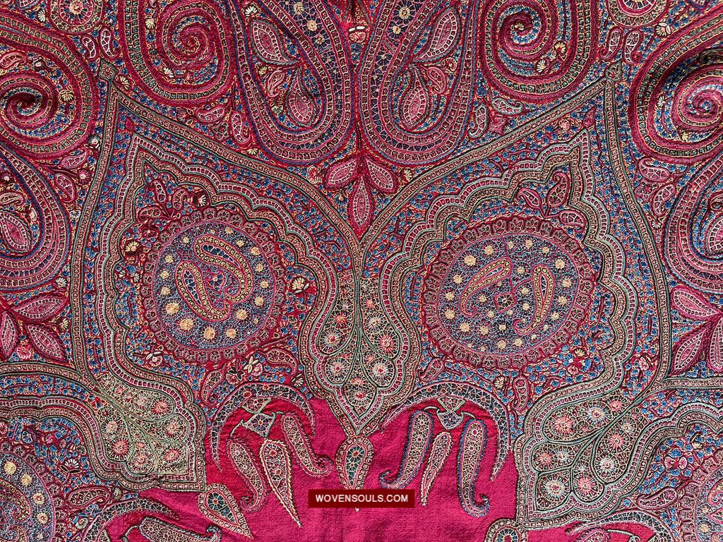 1608 Old Kashmir Silk Embroidered Amli Shawl Rumal-WOVENSOULS Antique Textiles & Art Gallery