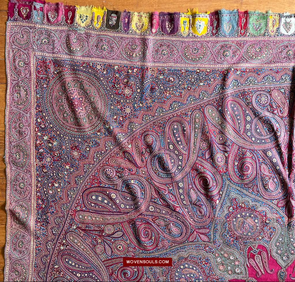 1608 Old Kashmir Silk Embroidered Amli Shawl Rumal-WOVENSOULS Antique Textiles & Art Gallery