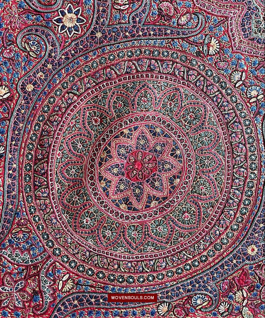 1608 Old Kashmir Silk Embroidered Amli Shawl Rumal-WOVENSOULS Antique Textiles & Art Gallery
