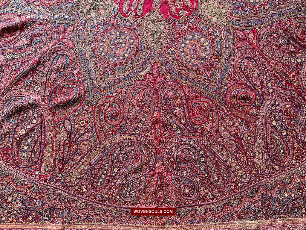 1608 Old Kashmir Silk Embroidered Amli Shawl Rumal-WOVENSOULS Antique Textiles & Art Gallery