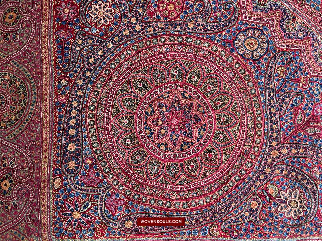 1608 Old Kashmir Silk Embroidered Amli Shawl Rumal-WOVENSOULS Antique Textiles & Art Gallery