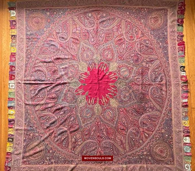1608 Old Kashmir Silk Embroidered Amli Shawl Rumal-WOVENSOULS Antique Textiles & Art Gallery