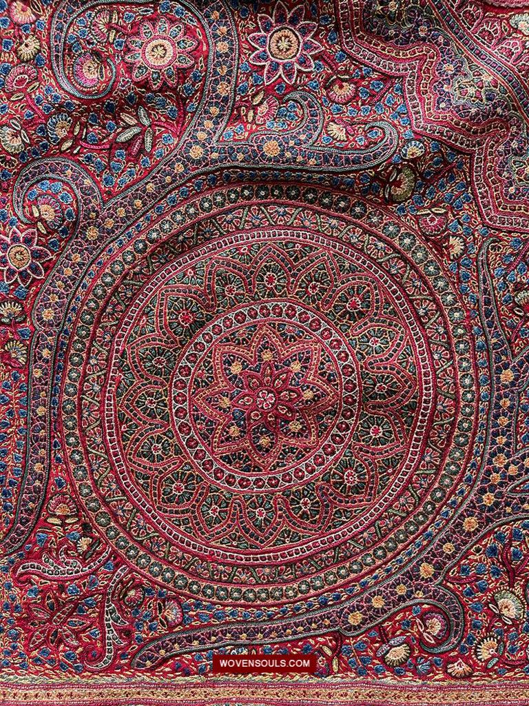 1608 Old Kashmir Silk Embroidered Amli Shawl Rumal-WOVENSOULS Antique Textiles & Art Gallery
