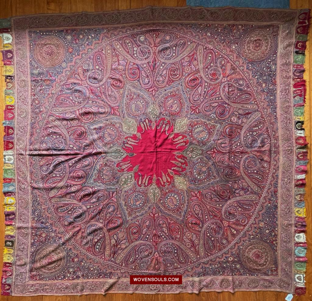 1608 Old Kashmir Silk Embroidered Amli Shawl Rumal-WOVENSOULS Antique Textiles & Art Gallery