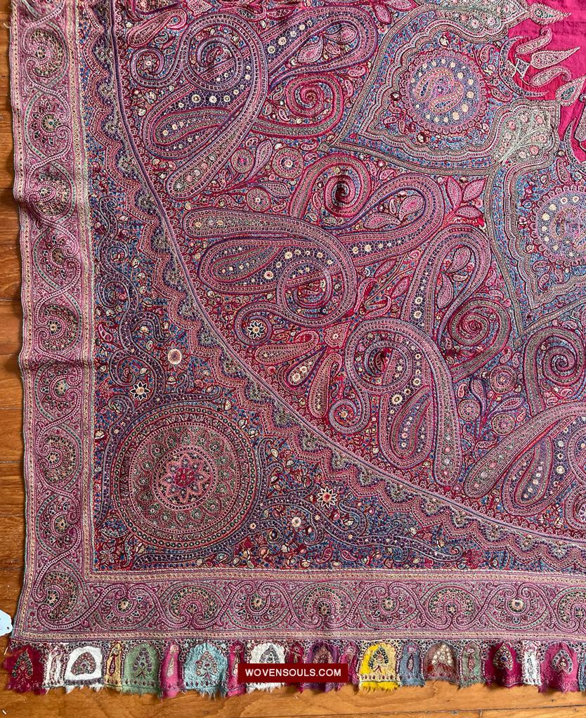 1608 Old Kashmir Silk Embroidered Amli Shawl Rumal-WOVENSOULS Antique Textiles & Art Gallery
